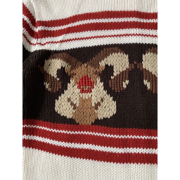 Vtg silton Knit Sweater ram horns Men Large brown cream Red Stripe Reindeer - Picture 6 of 10